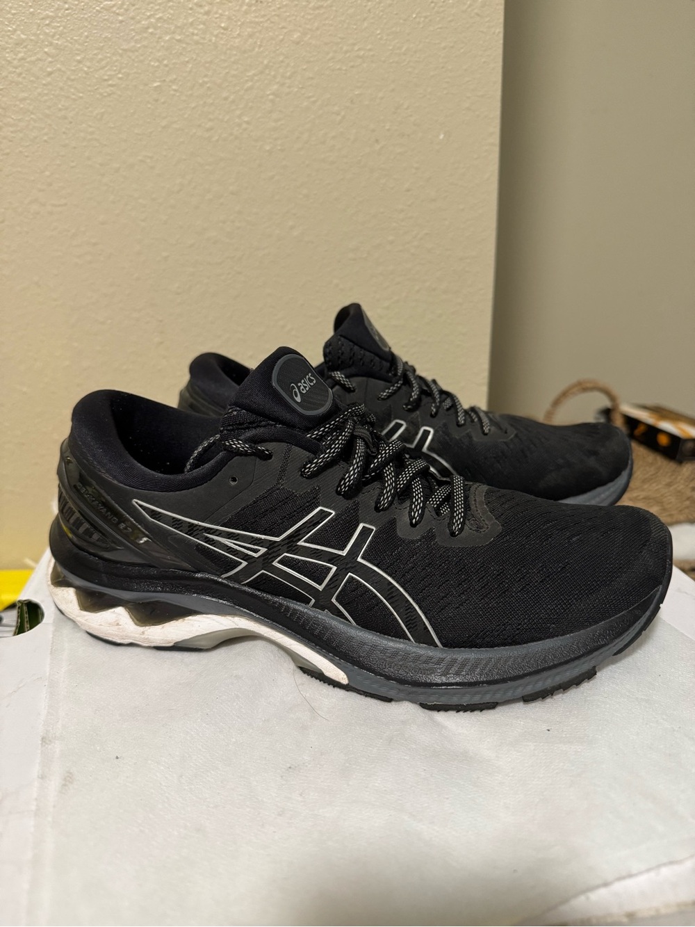 Asics Black Gel Kayano 27 Athletic Running Shoes with White Midsole Accents